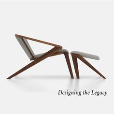 two wooden chairs sitting next to each other with the words designing the leggy on them