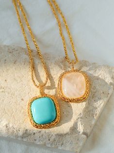 Add some color to your outfit with our Square Pink Crystal Turquoise Necklace Pendant. Adorned with 18K gold-plated detailing and crafted from high-quality copper, this necklace showcases luxurious craftsmanship and durability. Metal: 18K Recycled Gold Plated On Brass Gemstone: Natural stone Necklace Length: 800mm Gold Bohemian Necklaces With Cabochon, Bohemian Gold Cabochon Necklaces, Bohemian Gold Cabochon Necklace, Gold Bohemian Cabochon Necklace, Elegant Turquoise Necklace With Rectangular Pendant, Luxury Turquoise Pendant Necklace, Luxury Turquoise Necklace With Cabochon, Luxury Turquoise Gemstone Necklace, Turquoise Gemstone Square Pendant Necklace