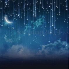 the night sky is full of stars and a crescent in the foreground with clouds