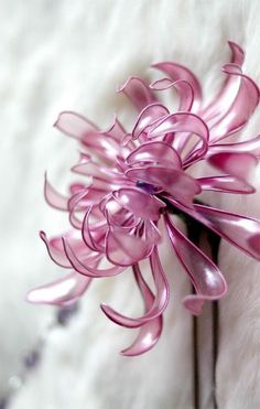 a pink flower is sitting on a white surface