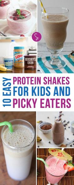 there are many different foods and drinks in this collage with the words protein shakes for kids and picky eaters