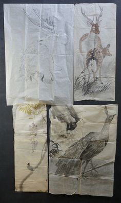 four pieces of paper with pictures of animals and birds on them, all in different colors