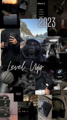 a collage of photos with the words level up