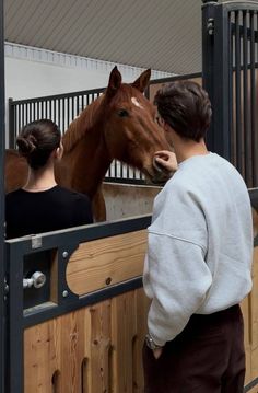 a man and woman standing next to a brown horse