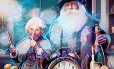 an image of santa claus holding a clock and pointing at it with fireworks in the background