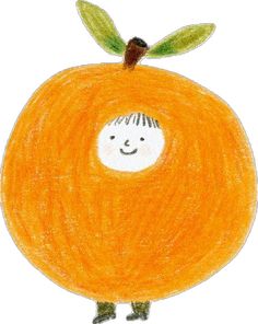 a child's drawing of an orange with a leaf on its head and eyes