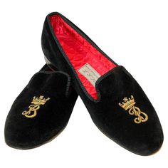 Berk of London Velvet Slippers Size 9. by Berk of Burlington Arcade, London Men luxury hand-made, leather-soled velvet loafers, aristocratically hand embroidered with gold bullion thread and monogrammed with the letter "B" under the crown. The loafers comes in a black velvet with a red satin quilted interior featuring a slip on style and a front crown and monogram embroidered design Classic and elegant, comfort, pedigree and luxury in a slip on. Monogrammed slip on shoes for Men. Gentlemen's black velvet and gold loafers. Black velvet outers are embroidered with gold personalized monogrammed initials A. J. The interior is cushioned red satin for comfort. - Velvet upper / leather sole - Quilted satin lining - Hand-made in England. - Hares embroidery Closure Type: Slip-On Toe Shape: Round To Velvet Loafers Mens, Burlington Arcade, London Men, Gold Loafers, Satin Quilt, The Letter B, Velvet Flats, Velvet Slippers, Velvet Loafers