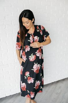 Undercover Mama Black and Large Pink Floral  House Dress. The modern house dress for the modern mom. Perfect for pregnancy, breastfeeding, and beyond! Lounge around or dress it up. Casual Maternity Nursing-friendly Sleepwear, Spring Casual Nursing-friendly Sleepwear, Casual V-neck Nursing Friendly Dress, Summer Daywear Nursing-friendly Maternity Dress, Summer Maternity Dress, Nursing Friendly, For Daywear, Summer Maternity Dress Nursing Friendly Daywear, Summer Maternity Loungewear Dress Nursing Friendly, Daywear Nursing-friendly Maternity Dress, Spring Casual Bump Friendly Dresses