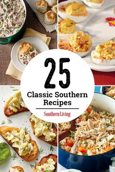 the collage shows different types of southern living dishes, including breads and casserole