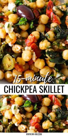 chickpea skillet with spinach, tomatoes and other vegetables on it in a white bowl