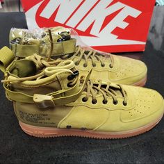 Sz 12 Air Force 1s High Olive Green Nike Air Force 1 Leather Lace-up Shoes, Green Leather Ankle-high Sneakers, Nike Custom Sneakers With Round Toe For Outdoor, Nike Custom Sneakers For Outdoor With Round Toe, Green Leather Nike Air Force 1 With Round Toe, Nike Air Force 1 With Abzorb Midsole, Nike Air Force High, Nike Court Vision Mid, Nike Kyrie 3