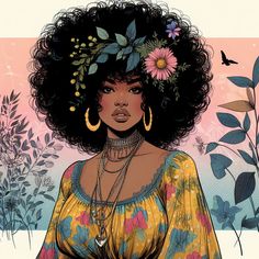 an illustration of a woman with large afros and flowers on her head, standing in front of plants