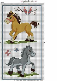 the cross stitch pattern shows two horses in different positions, one is brown and one is gray