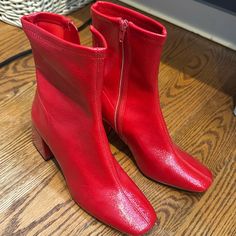 Brand New Red Boots. Never Worn. Purchased From Anthropologie. Trendy Red Boots With Square Toe, Trendy Red Boots With Block Heel, Red Boots For Spring, Red Casual Boots With Block Heel, Trendy Red Boots For Spring, Trendy Red Square Toe Boots, Trendy Red Boots Medium Width, Trendy Red Ankle-high Heeled Boots, Red Leather High Heel Mid-calf Boots