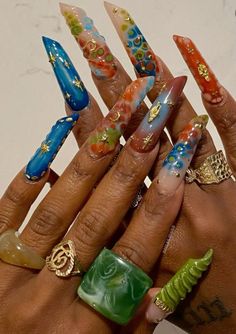 Earthy Nails Acrylic Long, Fall Maximalist Nails, Nail Ideas Maximalist, Maximalist Nails Fall, Red Maximalist Nails, Junk Nail Designs, Retro Nail Art, Nurse Nails, Body Nails