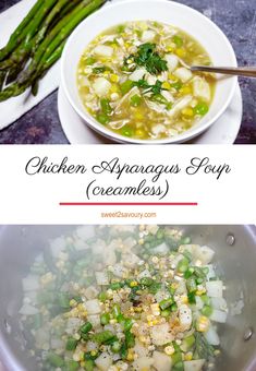 chicken and asparagus soup in a white bowl next to green asparagus