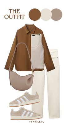 How To Style Brown Shirt Women, Brown Neutral Outfits, Sand Color Outfit, Neutral Color Outfits Women, Beige And Brown Outfit Ideas, Brown Outfit Summer, School Outfits University, White And Brown Outfit, Preppy Back To School Outfits