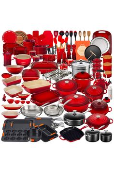 a large assortment of red pots and pans with utensils on the side