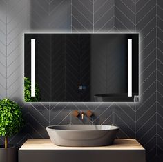 a bathroom sink with a mirror above it and a potted plant in the corner