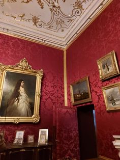 an ornately decorated room with paintings on the wall and pictures hanging on the walls