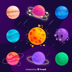 the planets in different colors are depicted on a dark background, with space and stars around them