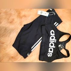 Brand New 2pc Shorts And Sports Bra Black Gym Sets For Summer, Black Workout Set For Summer, Black Summer Workout Set, Black Workout Sets For Summer, Casual Black Sports Sets, Casual Black Sets For Sports, Casual Black Workout Sets, Sporty Fitted Adidas Sets, Adidas Black Fitted Sets