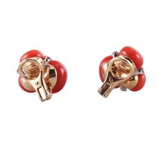 Pair of 18k gold Pomellato Capri earrings, with coral and approx. 0.28ctw G/VS diamonds. Brand new, old stock. Just purchased inventory of a high end boutique in Europe. All retail prices displayed on the items are from the early 2000s. Current retail prices are significantly higher. DESIGNER: Pomellato MATERIAL: 18k Gold GEMSTONES: Diamond, Coral DIMENSIONS: Earrings are 18mm x 15mm. MARKED/TESTED: Pomellato, 750. WEIGHT: 12.3 grams CONDITION: Brand New/ Store Sample Elegant Orange Clip-on Earrings, Luxury Red Clip-on Earrings As Gift, Orange Clip-on Earrings For Formal Occasions, Formal Orange Clip-on Earrings, Elegant Orange Earrings For Formal Occasions, High End Boutique, Elizabeth Locke, The Early 2000s, David Webb