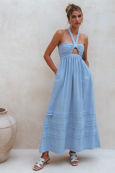 Penelope. Halter Linen Maxi Dress – ELF Mexico Women, Wedding Garden Party, Resort Casual, Visor Hairstyles, Knitted Swimsuit, June Wedding, Wedding Garden, Linen Maxi Dress, Judy Blue Jeans