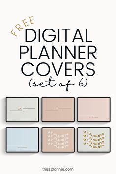 the free digital planner covers set of 6 with text overlays and photoshopped images