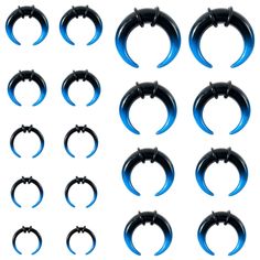 twelve pairs of black and blue metal rings