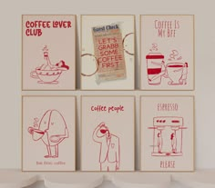 four coffee themed posters on the wall