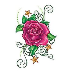 a pink rose with green leaves and stars on it's side, in front of a white background