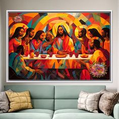 the last supper is depicted in this colorful painting