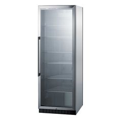 an empty glass door refrigerator on a white background