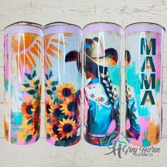 three colorful tumbles with the words mama on them and sunflowers painted on them