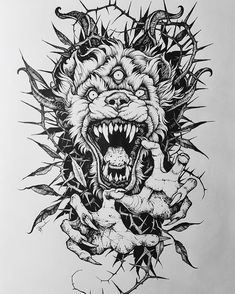 an ink drawing of a lion with its mouth open and teeth exposed to the side