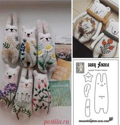 an assortment of stuffed animals with flowers and leaves on them are shown in this collage