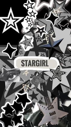 the stargirl logo is surrounded by many different shapes and sizes, including black and white stars