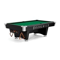 the brunswick pool table is shown in black and has a green cloth on it's legs