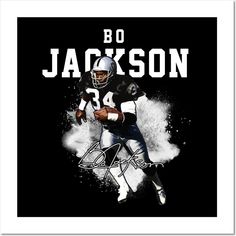 a football player running with the ball in his hand and an inscription that reads, bo jackson