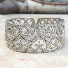 Estate 14KT White Gold Filigree Pave Diamond Heart Fleur de Lis Cuff Bracelet - Legacy Saint Jewelry Vintage Diamond Bracelet, Saint Jewelry, Filigree Bracelet, Diamond Bangles Bracelet, Cuff Bangle Bracelet, Fine Jewelry Bracelets, Diamond Bangle, Gold Filigree, Hinged Bangle