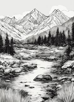 a black and white drawing of a mountain stream