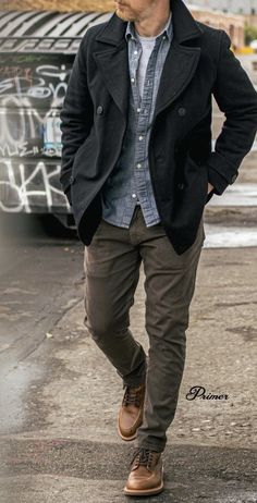 Chambray Outfit, Peacoat Outfit, Chinos Men Outfit, Pants Outfit Men, Dad Fashion