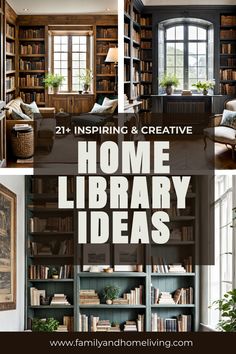 Collage pin featuring a few home library ideas Decorating With Bookcases, Library Room Layout Floor Plans, Family Room Bookcase Ideas, Reading Room Furniture, Library And Office Room Ideas, Unique Library Ideas, Library Walls In Living Room, Small Home Library Office Study, Vintage Book Shelf Ideas Aesthetic