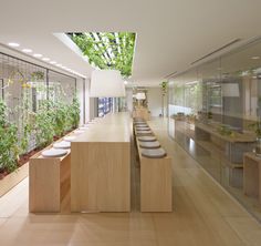 an empty room with plants growing on the walls and tables in front of glass doors