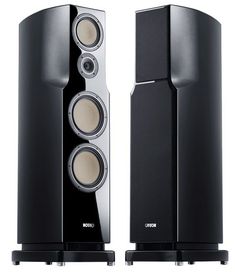 two black speakers sitting side by side on top of each other in front of a white background