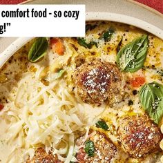 a bowl filled with meatballs and noodles