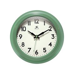 a green and white clock with numbers on it's face against a white background