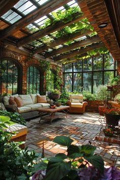 an outdoor living room with lots of plants