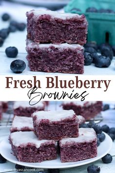 blueberry brownies are stacked on top of each other